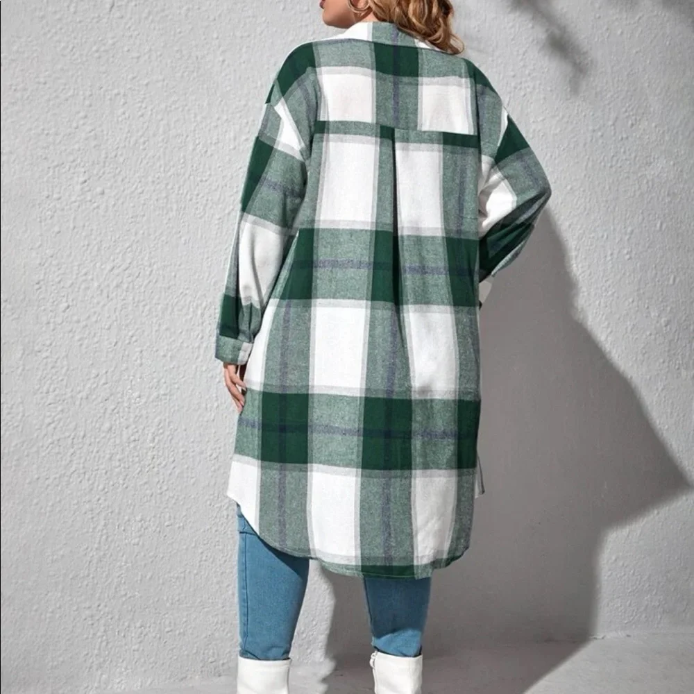 Plus Size Plaid Pocket Light Jacket Shacket Long Shirt Green BELT NOT INCLUDED - Picture 2 of 16